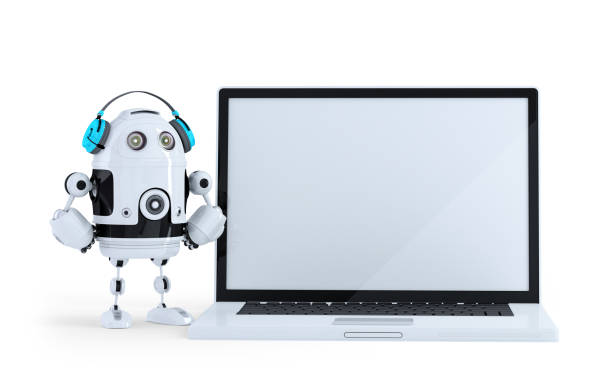 istock Robot with headphone and huge laptop. Isolated. Contains clipping path 811497552
