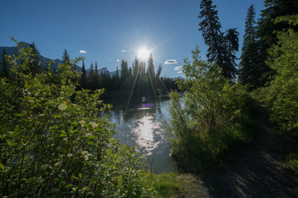 Beautiful view of Bow river and the Rocky Mountains in Canmore, Alberta.