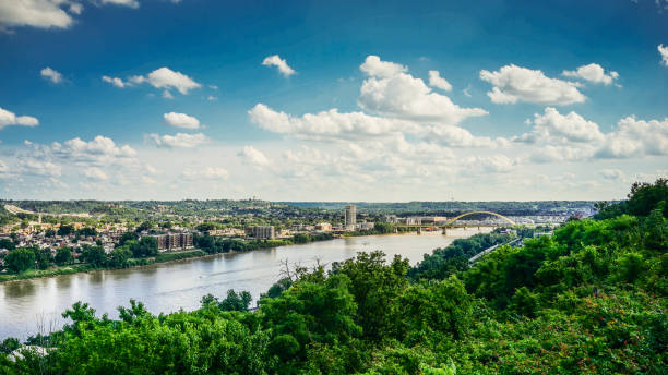 Kentucky City and Ohio River Kentucky and Ohio River with blue sky and clouds southern usa stock pictures, royalty-free photos & images
