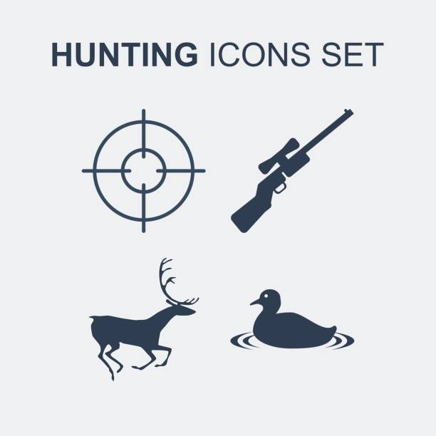 zestaw ikon polowania. ilustracja wektorowa - hunting rifle sniper duck hunting stock illustrations