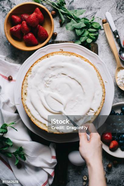 Sponge Cake Making Stock Photo - Download Image Now - Stirring, Cake, High Angle View