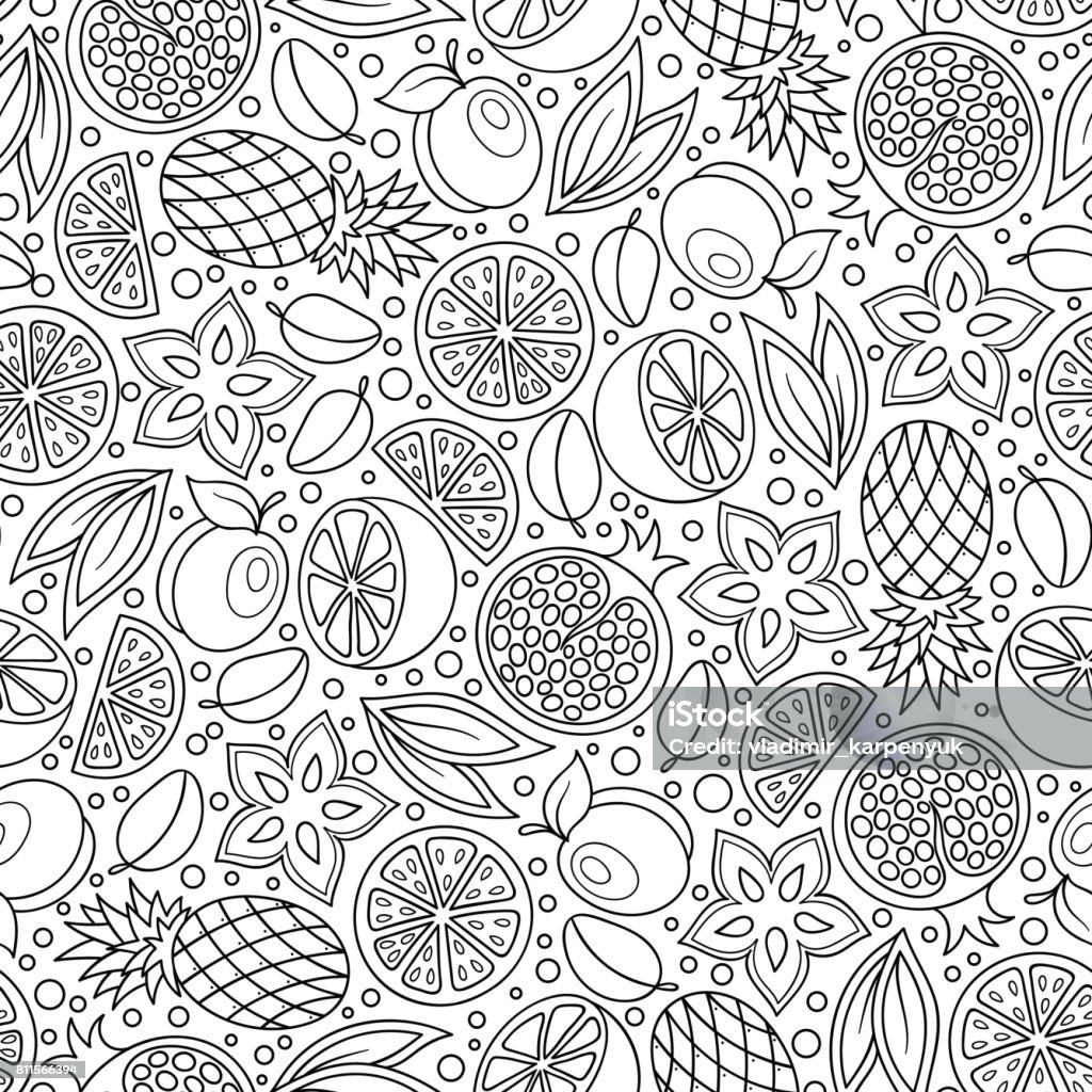 Coloring book page. Adult antistress therapy. Seamless pattern with orange fruits and leaves. Hand Drawn Monochrome Texture, Decorative Leaves, Coloring Book . Vector illustration. Coloring Book Page - Illlustration Technique stock vector