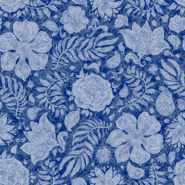 istock Abstract floral seamless pattern. Exotic Paisley elements, fantastic flower, leaves. Fairy foliage light  silhouette on a blue spotted background with watercolor painting texture. Textile bohemian print, wallpaper, wrapping paper, book cover, page fill 811572844