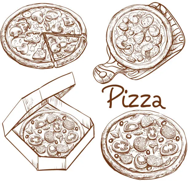 Vector illustration of Set of vector illustrations whole pizza and slice, pizza on a wooden board, pizza in a box for delivery.