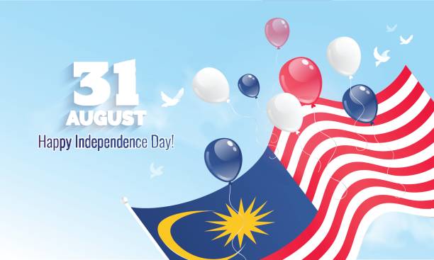 31 August. Malaysia Independence Day greeting card. 31 August. Malaysia Independence Day greeting card. Celebration background with flying balloons and waving flag. Vector illustration merdeka square stock illustrations