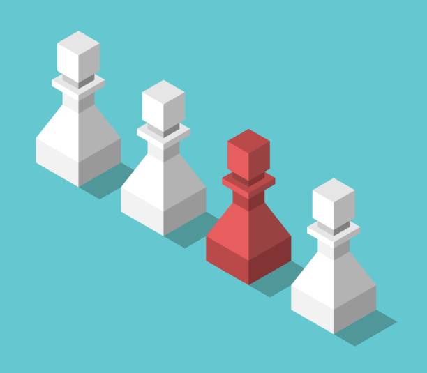 isometrische einzigartige rote bauer - chess pawn red blue leisure games stock-grafiken, -clipart, -cartoons und -symbole