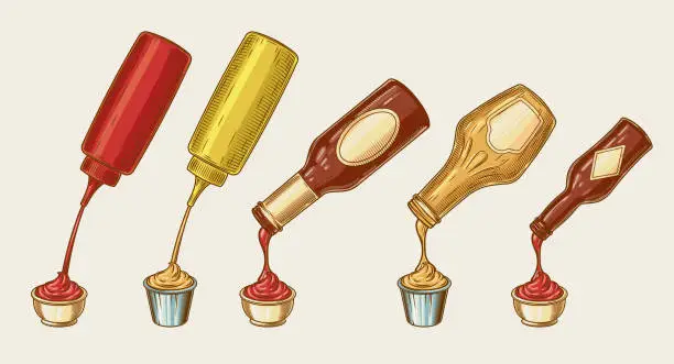 Vector illustration of Vector illustration of an engraving style set of different sauces are poured from bottles into bowls