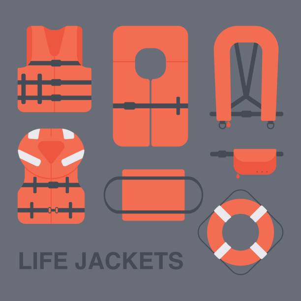 ilustrações de stock, clip art, desenhos animados e ícones de life jackets types vector flat icons set - inflatable raft nautical vessel sea inflatable