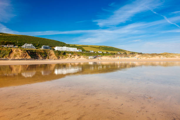 Saunton Sands Devon England UK Reflections on Saunton Sands  Devon England UK Europe braunton stock pictures, royalty-free photos & images