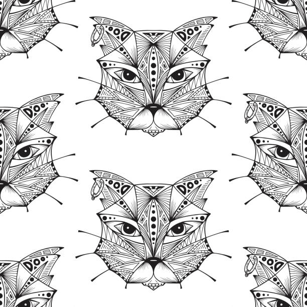 handgezeichnete katzen köpfe seamless pattern. ethnische tier. tribal gemustert katze - 5087 stock-grafiken, -clipart, -cartoons und -symbole