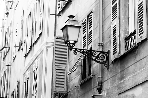 Black and white street lamp in old town, Nice France, full frame horizontal composition