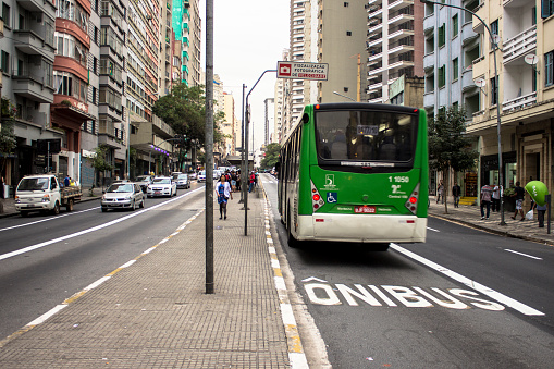 Sao Paulo, Brazil, July 07, 2014. Bus lane of the corridor that connects the neighborhood of Lapa to the Center of city, on Avenida São João, in the center of Sao Paulo, SP.
