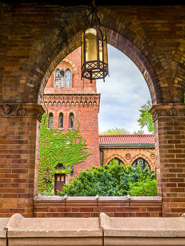 Looking through archway of beautiful old brick church in Holy Corners, downtown St. Louis