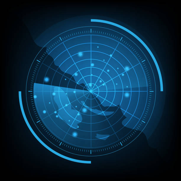 blaue radarbildschirm mit karte - militär grafiken stock-grafiken, -clipart, -cartoons und -symbole