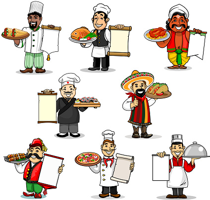 Chefs holding restaurant menu of european and japanese, mexican and turkish, chinese and indian, arabian and italian cuisine. Traditional chicken and fish, sushi, doner, kebab, tacos and pizza dishes