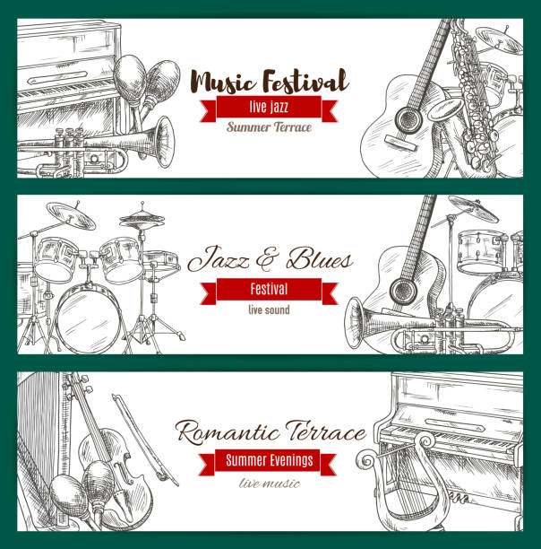 baner festiwalu muzycznego z instrumentem muzycznym - blues harp stock illustrations