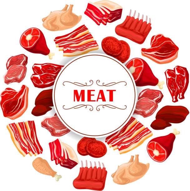 ilustraciones, imágenes clip art, dibujos animados e iconos de stock de cartel de cortes de carne fresca para diseño temático - pork chop illustrations