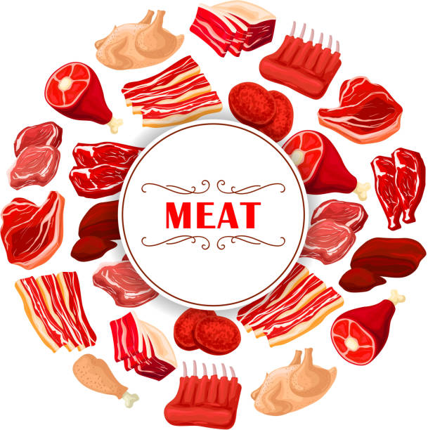 свежее мясо режет плакат для дизайна темы еды - cooked chicken sketching roasted stock illustrations