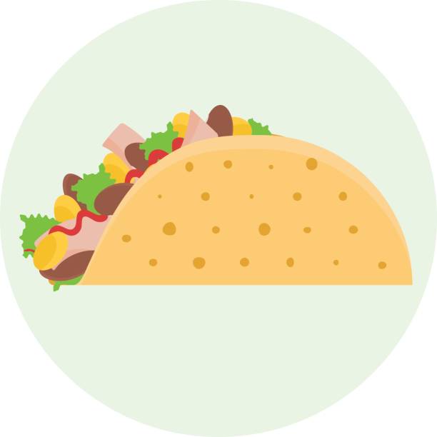 плоский вектор вкусные тако с мясом и овощами значок - mexican cuisine cartoon taco kidney bean stock illustrations