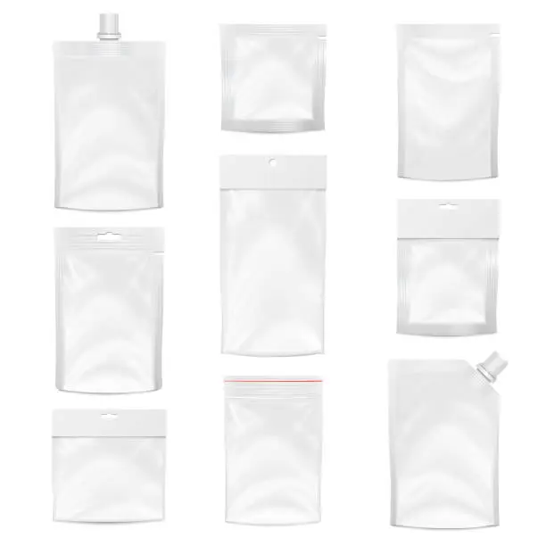 Vector illustration of Plastic Pocket Vector Blank. Packing Design. Realistic Mock Up Template Of White Plastic Pocket Bag. Empty Hang Slot. White Clean Doypack Bag Packaging With Corner Spout Lid. Isolated Illustration