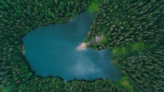 Aerial view of Synevir lake in the Carpathian Mountains​ in Ukraine