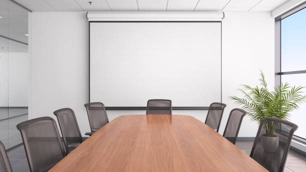 istock Business office interior, conference desk and projection screen 811846528