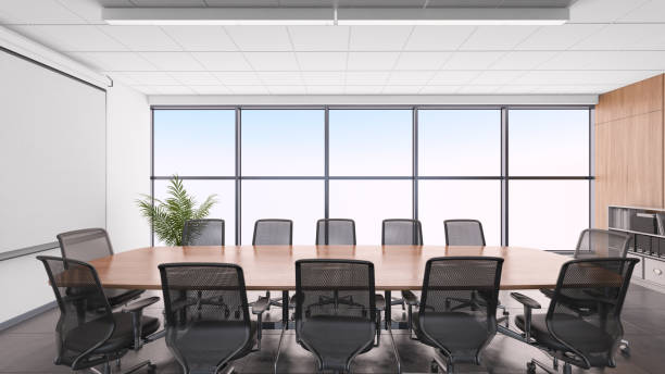 istock Business office interior, conference desk and projection screen 811846556