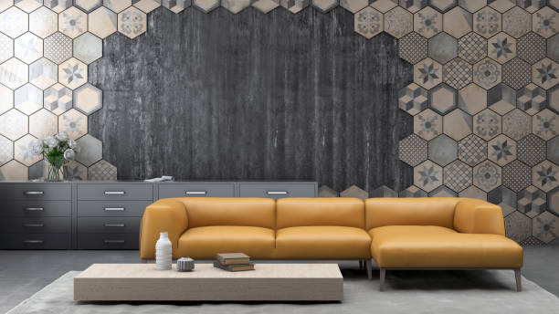 istock Interior with pastel orange colored sofa with blank wall 811850344