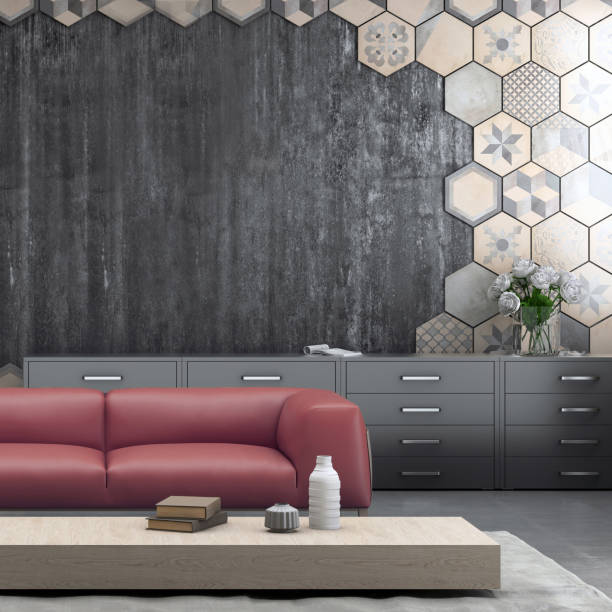 istock Interior with pastel purple colored sofa with blank wall 811850350
