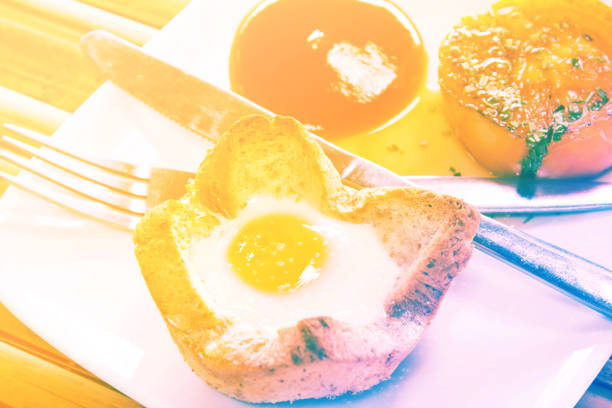 breakfast with fried eggs, sausages, toasts and tomato