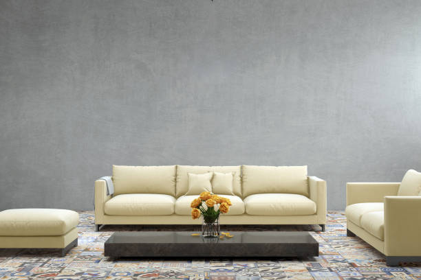 istock Interior with pastel colored yellow sofa with blank wall 811864382