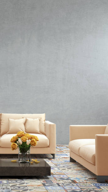 istock Interior with pastel colored orange sofa with blank wall 811864434