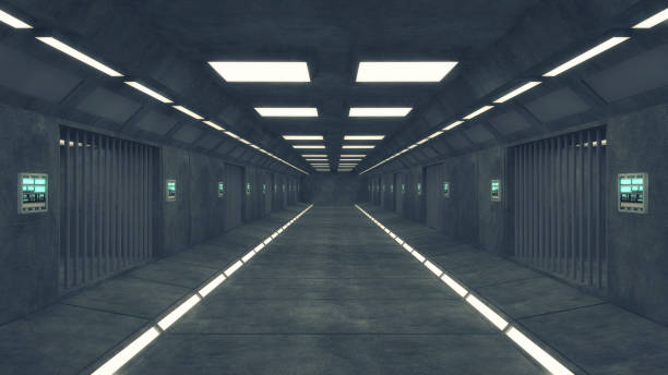 istock 3D render. Futuristic interior corridor spaceship 811880630