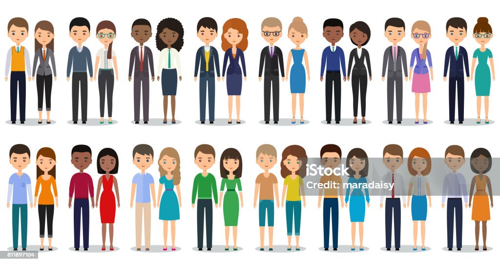 Flat silhouettes business people. Vector illustration. Flat people characters. Vector. Men, women in casual and business clothes standing together. Cartoon males, females isolated on white background. Icons businessmen and businesswomen. Icon Symbol stock vector