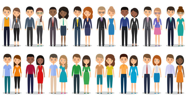 Flat silhouettes business people. Vector illustration. Flat people characters. Vector. Men, women in casual and business clothes standing together. Cartoon males, females isolated on white background. Icons businessmen and businesswomen. preppy fashion stock illustrations