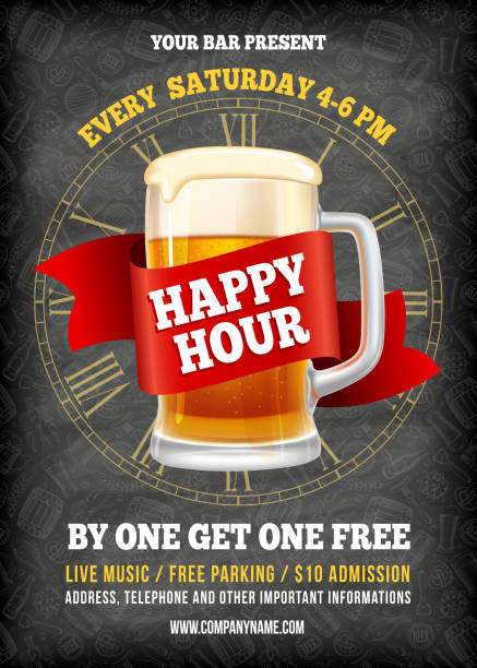 Happy Hour Poster Template Happy Hour. Free beer. Vintage illustration template for web, poster, flyer, invitation to party. Vector stock illustration. beer brands stock illustrations