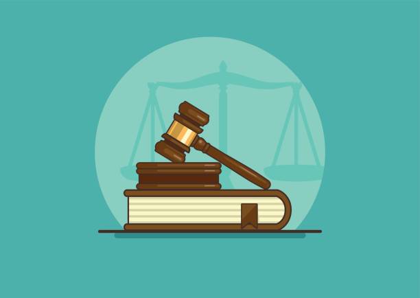 judge gavel judge gavel on book with scales, flat vector illustration judge law illustrations stock illustrations