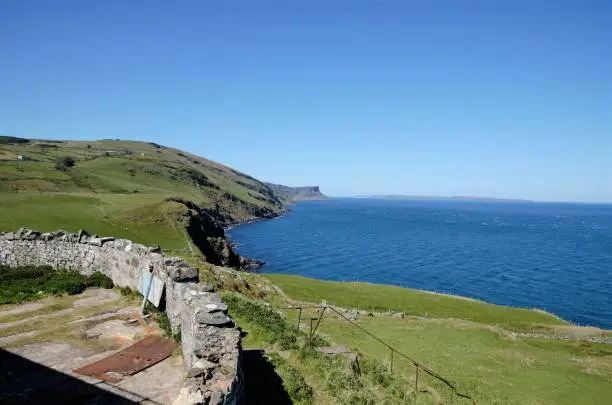 View from the abandoned lookout station on top of the headland Torr Head in the County Antrim in Northern Ireland, UK