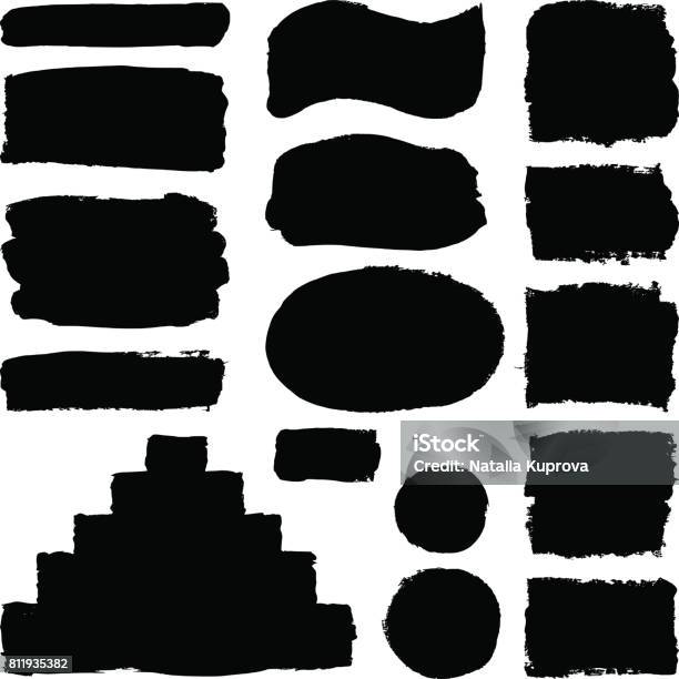 Hand Drawn Abstract Black Paint Brush Strokes Vector Set Collection Of Shapes Isolated On White Background Round Oval Ellipse Pyramid Circle Rectangle Elements For Design Stock Illustration - Download Image Now