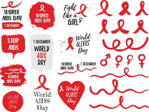 światowy dzień aids 1 grudnia baner, znaki, odznaki, elementy ustawione. wektorowe pojęcie świadomości aids. projekt z tekstem, ręcznie rysowane czerwone wstążki, pociągnięć pędzlem, tekst światowy dzień aids. - world aids day stock illustrations