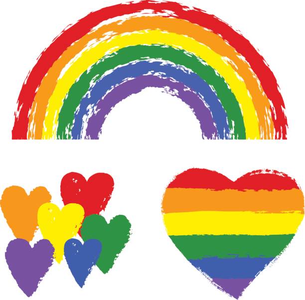 게이 프라이드 디자인 요소 벡터: 깃발, 무지개, 하트, 리본, 얼룩. lgbt, 게 이와 레즈비언 프라이드 기호, 아이콘 손으로 그린 페인트 치기 흰색 배경에 고립입니다. lgbt 개념입니다. - heart shape gay pride gay pride flag lesbian stock illustrations
