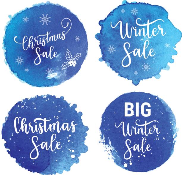 vektor-winter und weihnachtsverkauf hand schriftzug kalligraphie etiketten und formen auf weißem hintergrund. hand gezeichnet aquarell blaue flecken set. - customer symbol illustration and painting label stock-grafiken, -clipart, -cartoons und -symbole