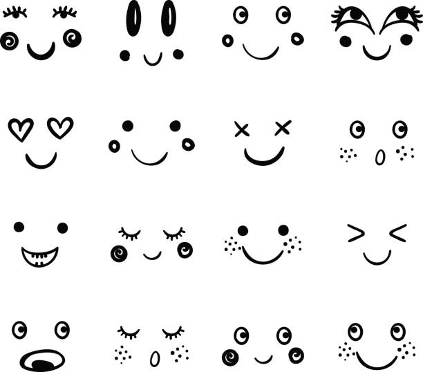illustrazioni stock, clip art, cartoni animati e icone di tendenza di emoji carine vettoriali. emozione cartone animato doodle, volto felice, sorriso - emoticon illustrazioni