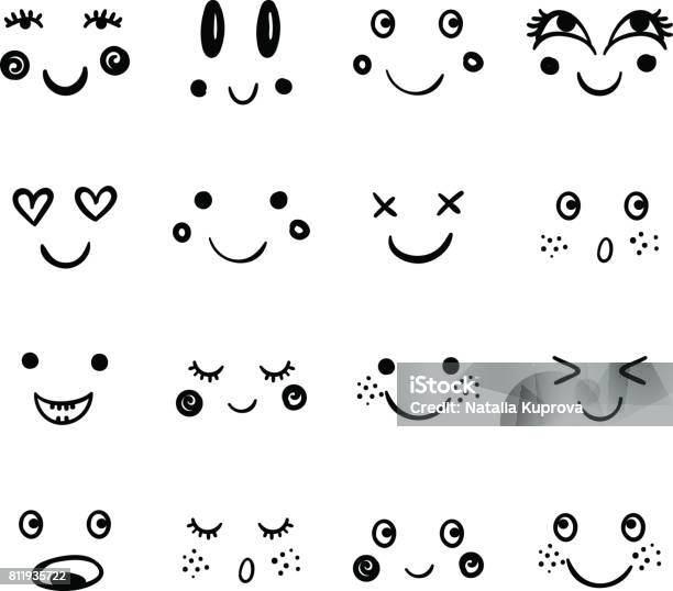 Vector Cute Emoji Doodle Cartoon Emotion Happy Face Smile Stock Illustration - Download Image Now