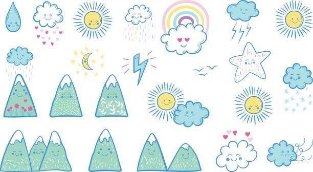 벡터 손으로 그린 아이 패션 한다면: 태양, 구름, 별, 산, 비, 무지개, 번개. 만화 스티커, 패치, 핀의 귀여운 날씨 설정 - thunderstorm rain sun lightning stock illustrations