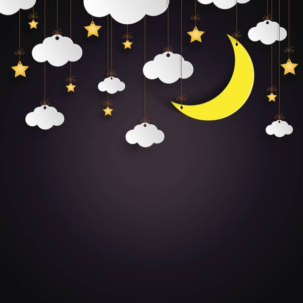 Hanging clouds,stars and moon paper art style. Hanging clouds,stars and moon paper art style on night background.Vector illustration. bedtime illustrations stock illustrations
