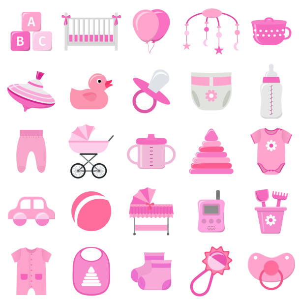 Baby girl icons set. Vector illustration. Baby girl icons set. Vector. Baby shower pink symbols isolated on white background. Collection template elements for newborn kids in flat design. Colorful illustration. group of babies stock illustrations