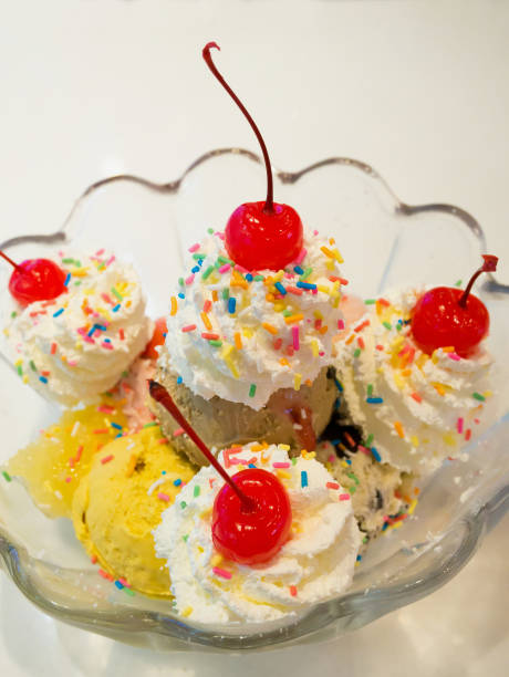 istock Ice cream scoops with whipped cream and cherry 811955786