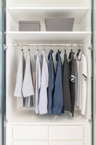 istock clothes hanging on rail in wooden white wardrobe 811955916