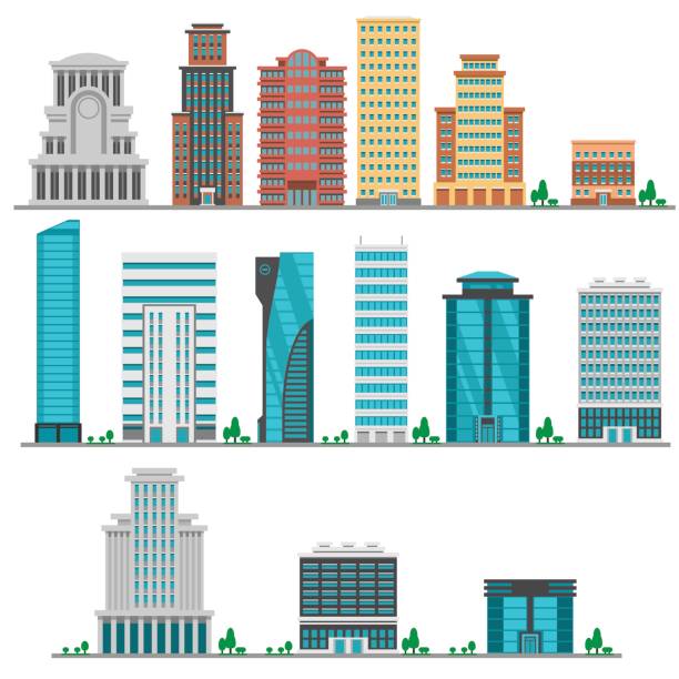 ilustraciones, imágenes clip art, dibujos animados e iconos de stock de edificios modernos de plano - high rise apartments